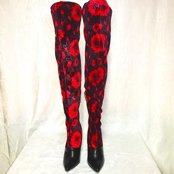 Mac J Black Cherry Stretch Velvet Red Floral OTK Stocking Boots 3.5" High Heel - Picture 6 of 15
